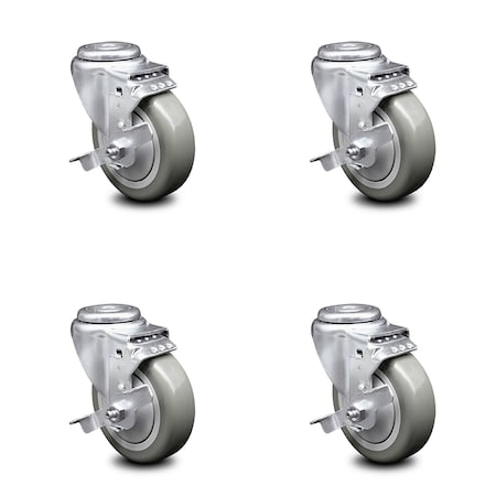 Service Caster 4 Inch Gray Polyurethane Wheel Swivel Bolt Hole Caster Set with Brake SCC SCC-BH20S414-PPUB-TLB-4